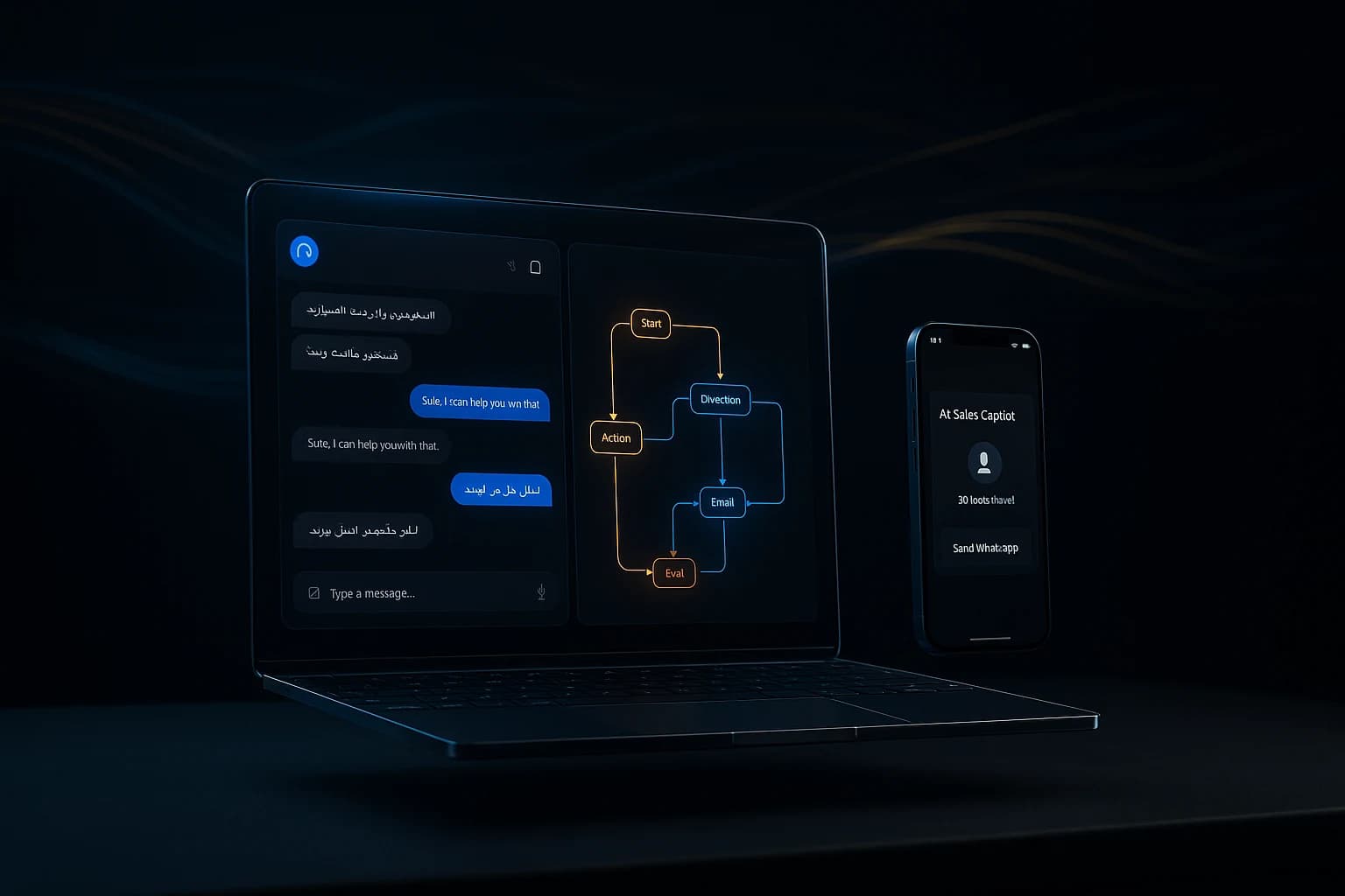Futuristic AI assistant dashboard with automation flows