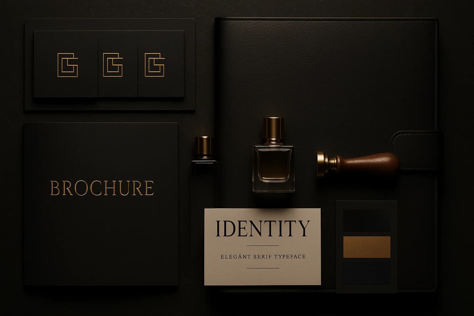 Luxury brand identity mockup with palette and media cards