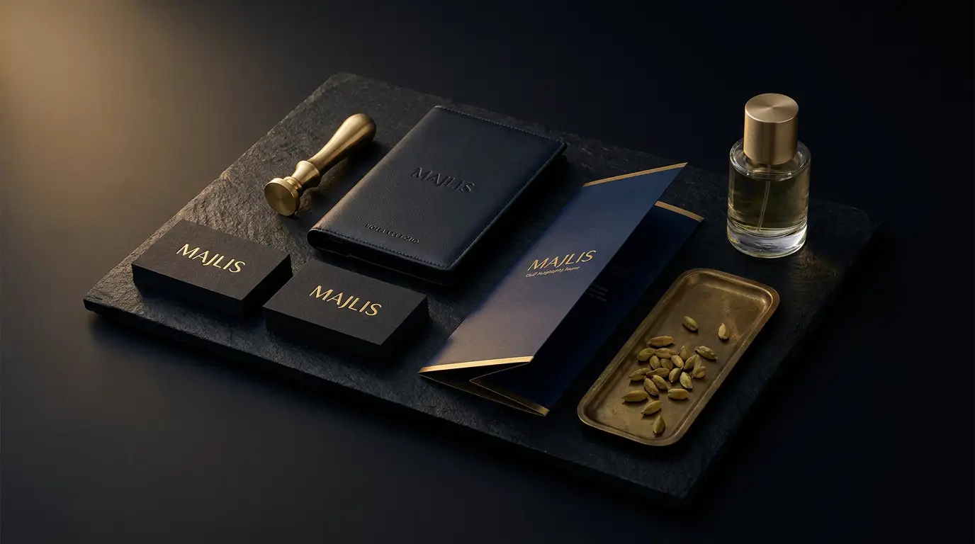 MAJLIS luxury hospitality brand identity flat-lay with gold-foil cards, monograms, and matte stationery