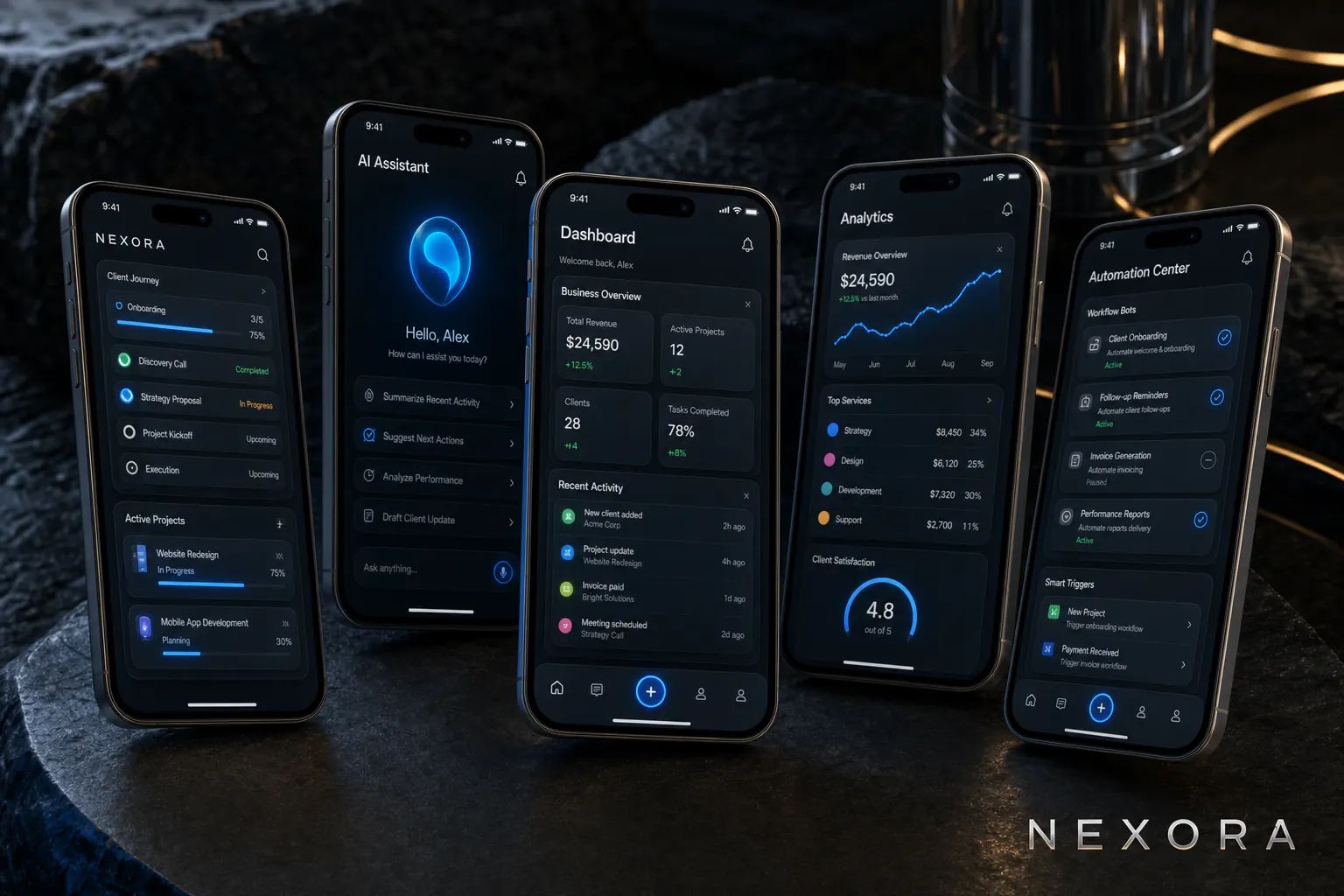 NEXORA premium AI-powered business management mobile app render with multiple iPhone screens