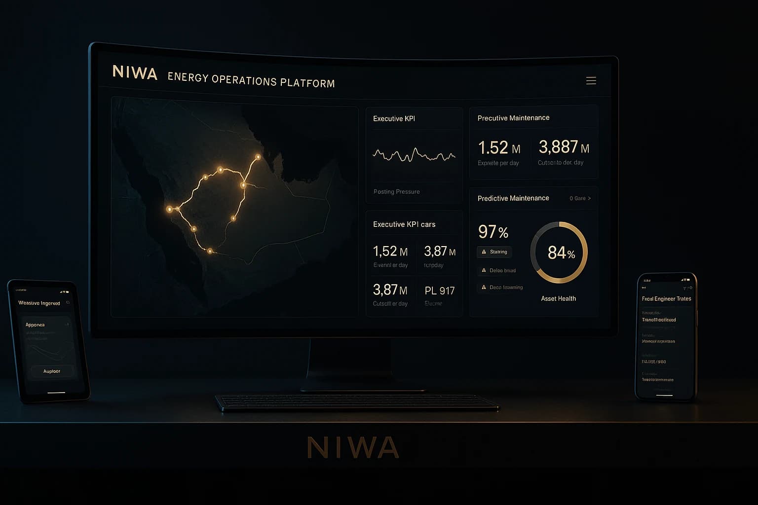 NIWA energy operations platform control room with real-time pipeline dashboards and asset maps