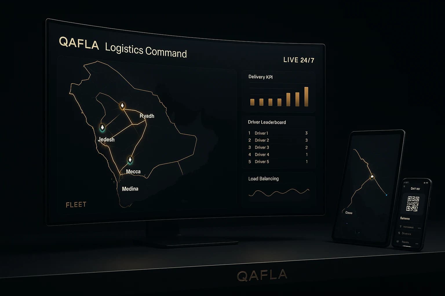 QAFLA logistics command application across iPad and iPhone with live convoy routing and fleet cards