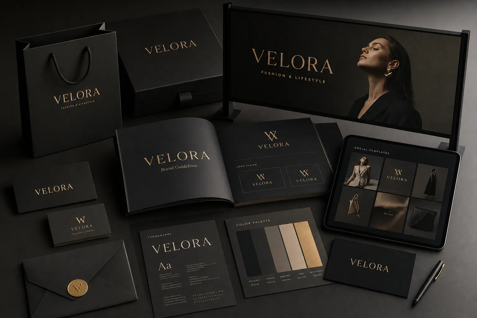 VELORA luxury fashion and lifestyle brand system render with packaging and guidelines