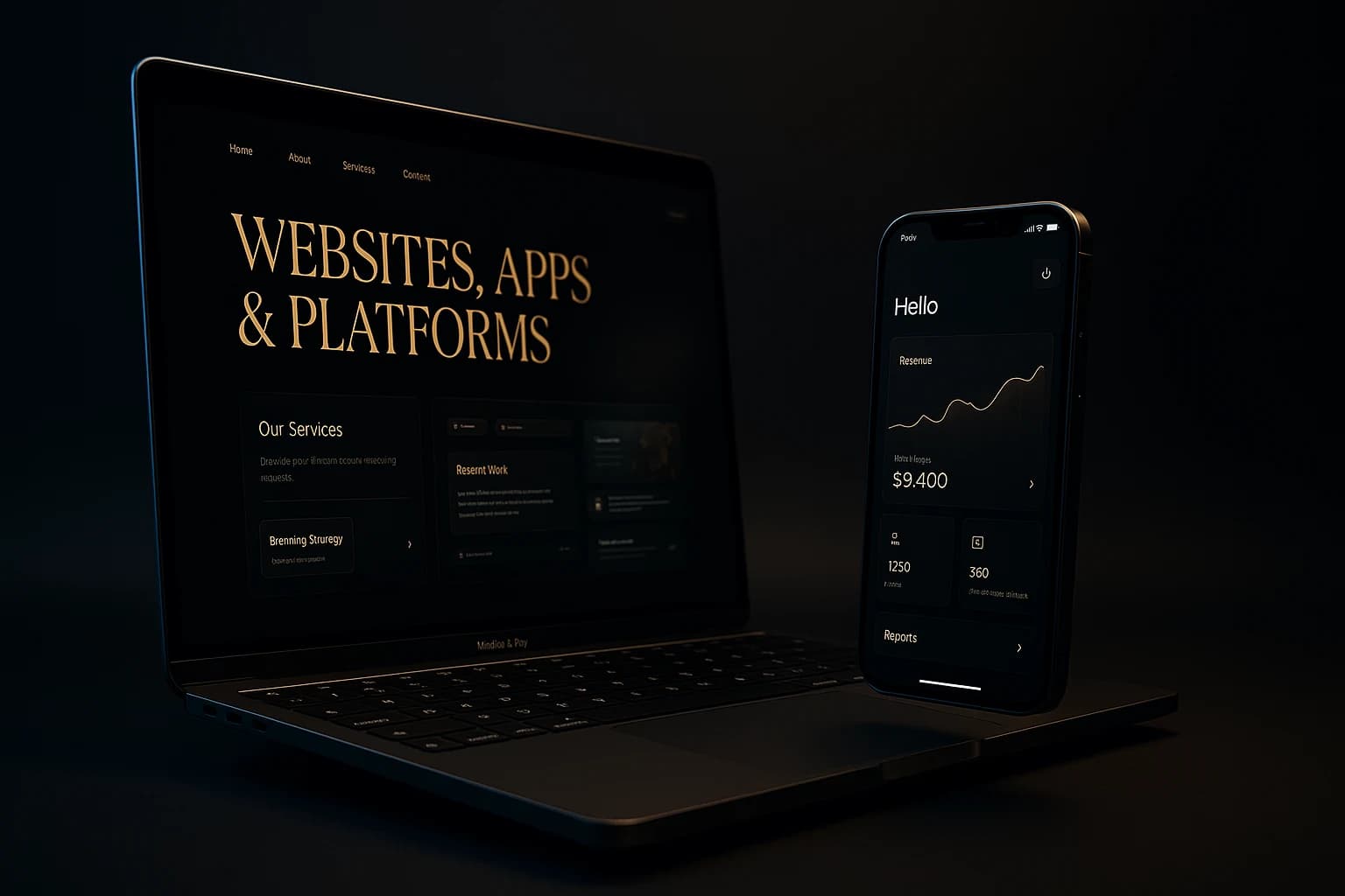 Premium website and mobile app mockup in dark luxury style